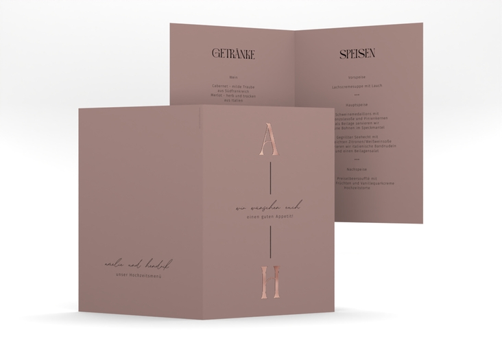 Menükarte Hochzeit Lebensbund A5 Klappkarte hoch rosa rosegold mit veredelbaren Initialen