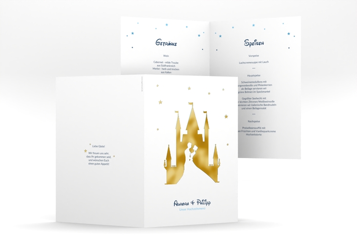 Menükarte Hochzeit Castle A5 Klappkarte hoch blau gold