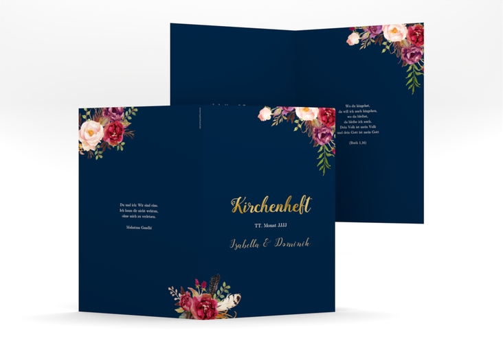 Kirchenheft Hochzeit Flowers A5 Klappkarte hoch blau gold mit bunten Aquarell-Blumen