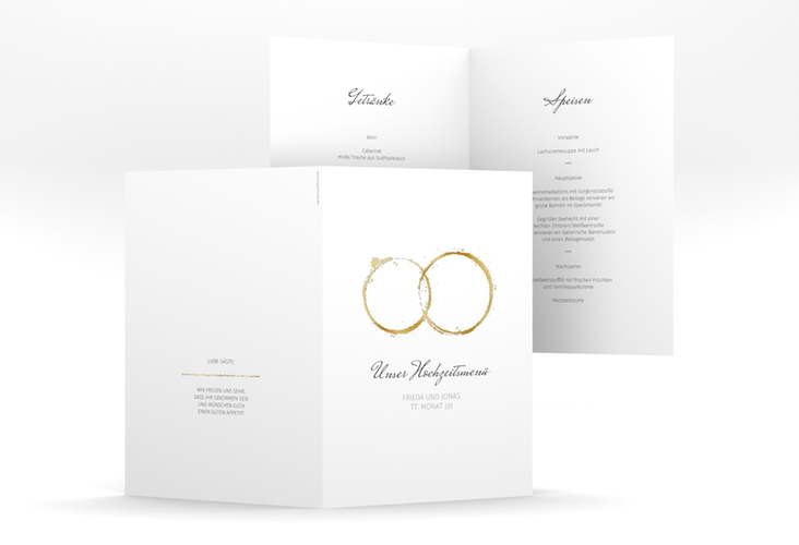 Menükarte Hochzeit Trauringe A5 Klappkarte hoch grau gold minimalistisch gestaltet mit zwei Eheringen