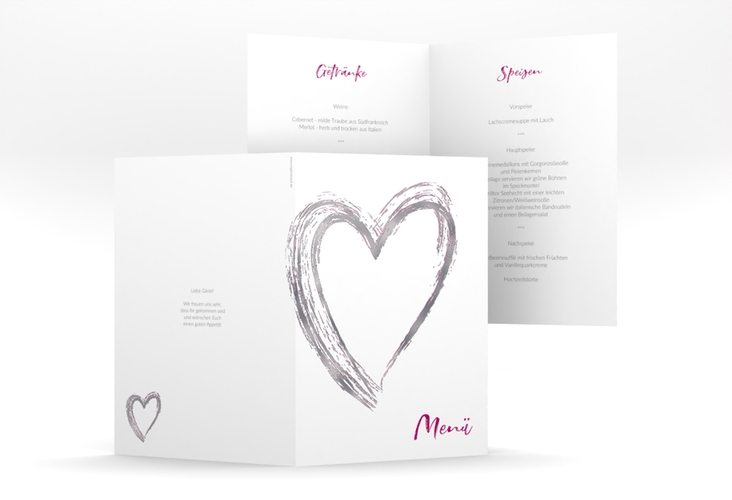 Menükarte Hochzeit Liebe A5 Klappkarte hoch pink silber