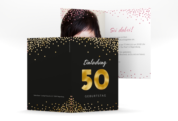 Einladung 50. Geburtstag Glitzer A6 Klappkarte hoch pink gold