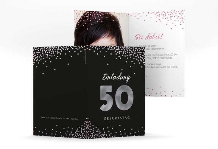 Einladung 50. Geburtstag Glitzer A6 Klappkarte hoch pink silber