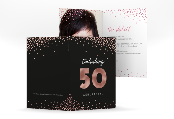 Einladung 50. Geburtstag Glitzer A6 Klappkarte hoch pink rosegold