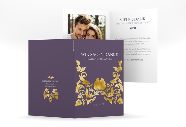 Danksagungskarte Hochzeit Royal A6 Klappkarte hoch lila gold mit barockem Blumen-Ornament