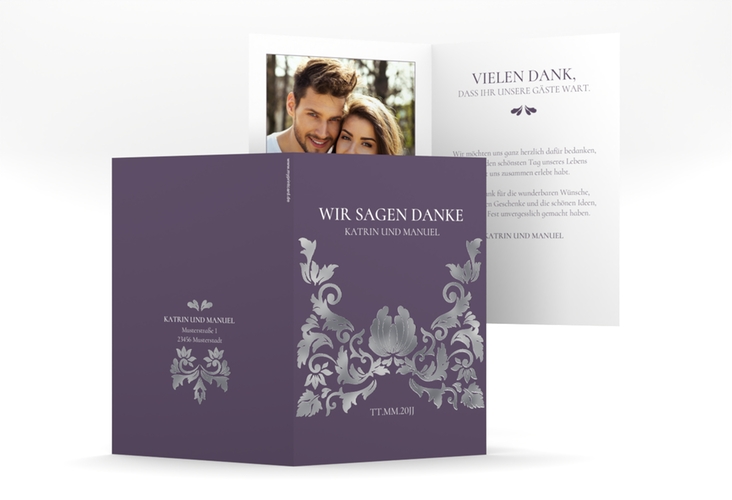 Danksagungskarte Hochzeit Royal A6 Klappkarte hoch lila silber mit barockem Blumen-Ornament
