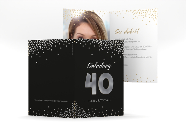 Einladung 40. Geburtstag Glitzer A6 Klappkarte hoch gold silber