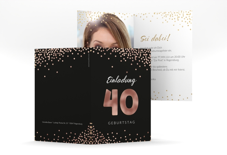 Einladung 40. Geburtstag Glitzer A6 Klappkarte hoch gold rosegold