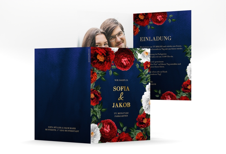 Einladungskarte Hochzeit Florista A6 Klappkarte hoch blau gold