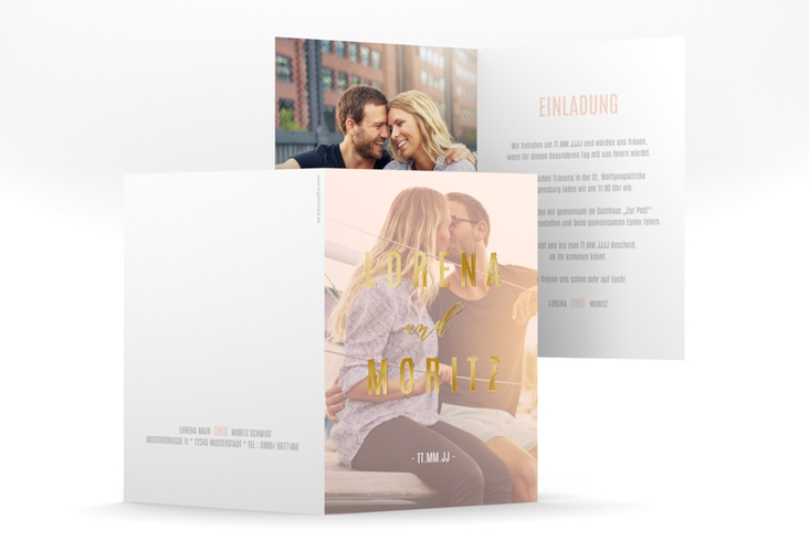Einladungskarte Hochzeit Memory A6 Klappkarte hoch rosa gold