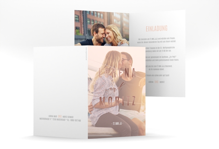 Einladungskarte Hochzeit Memory A6 Klappkarte hoch rosa rosegold