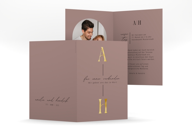 Einladungskarte Hochzeit Lebensbund A6 Klappkarte hoch rosa gold mit veredelbaren Initialen