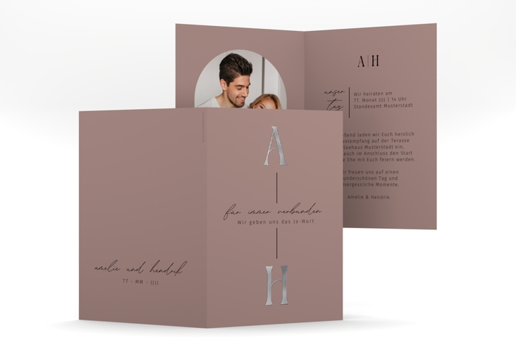 Einladungskarte Hochzeit Lebensbund A6 Klappkarte hoch rosa silber mit veredelbaren Initialen