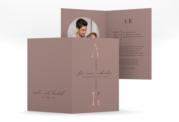 Einladungskarte Hochzeit Lebensbund A6 Klappkarte hoch rosa rosegold mit veredelbaren Initialen