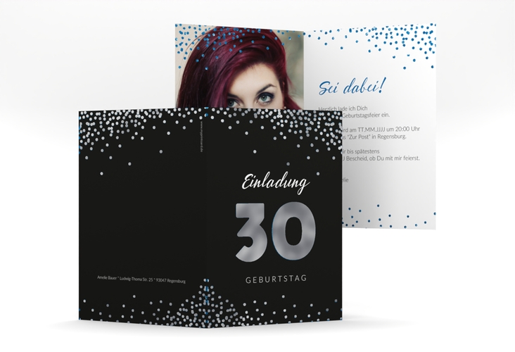 Einladung 30. Geburtstag Glitzer A6 Klappkarte hoch blau silber