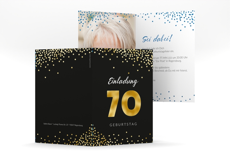 Einladung 70. Geburtstag Glitzer A6 Klappkarte hoch blau gold