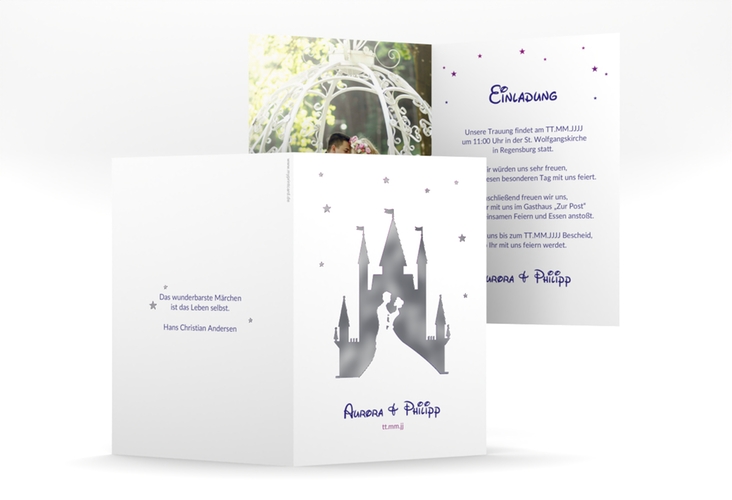 Einladungskarte Hochzeit Castle A6 Klappkarte hoch lila silber