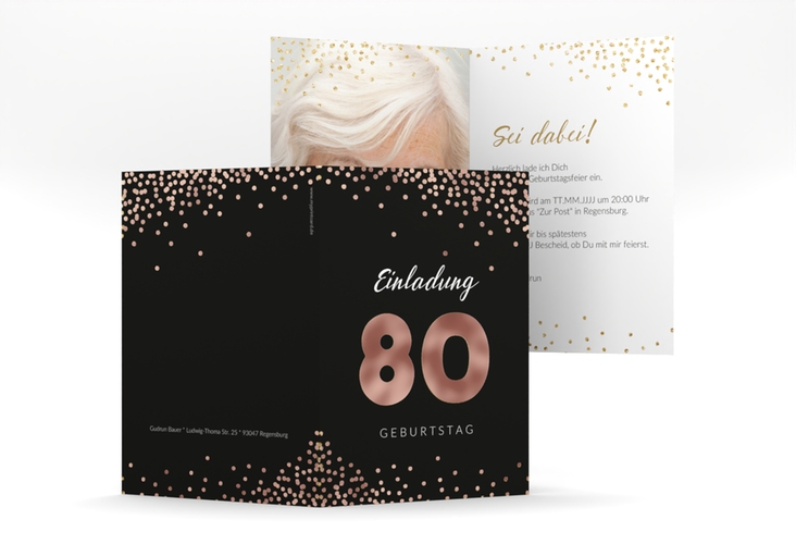 Einladung 80. Geburtstag Glitzer A6 Klappkarte hoch gold rosegold