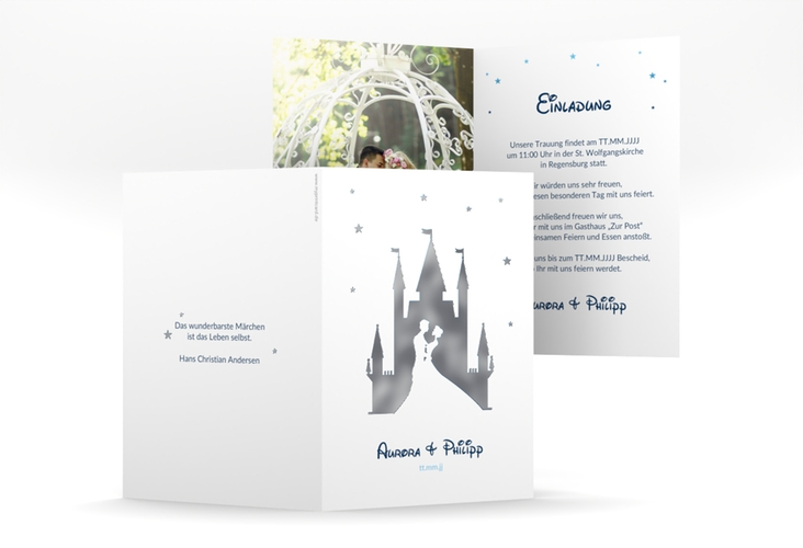 Einladungskarte Hochzeit Castle A6 Klappkarte hoch blau silber