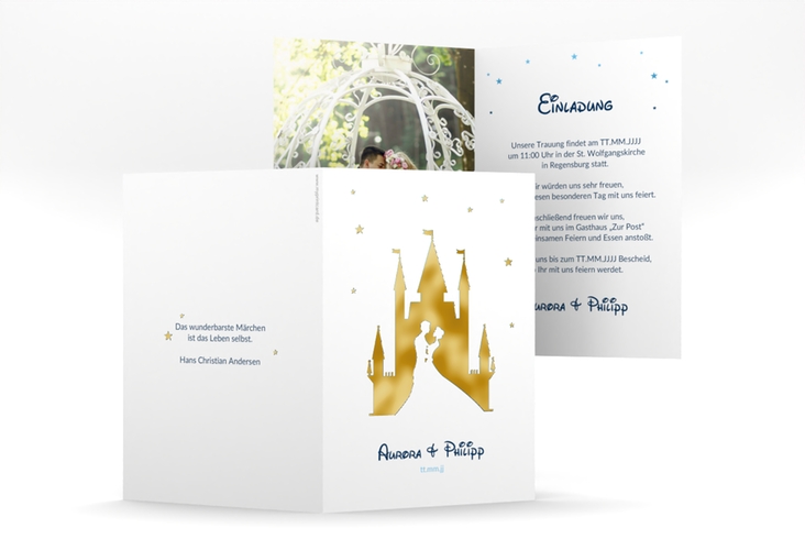 Einladungskarte Hochzeit Castle A6 Klappkarte hoch blau gold