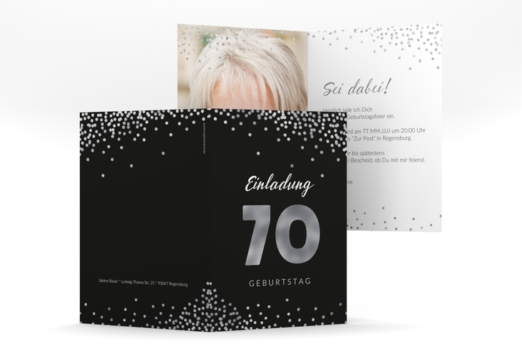 Einladung 70. Geburtstag Glitzer A6 Klappkarte hoch grau silber