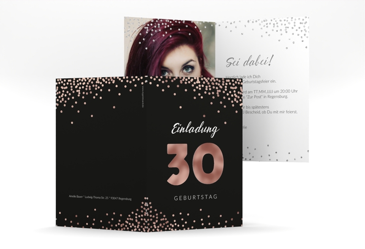Einladung 30. Geburtstag Glitzer A6 Klappkarte hoch grau rosegold