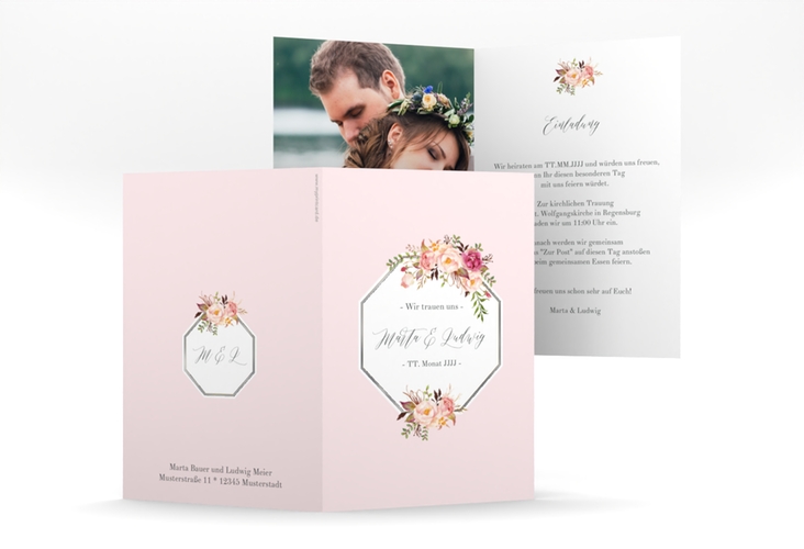 Einladungskarte Hochzeit Prachtvoll A6 Klappkarte hoch rosa silber