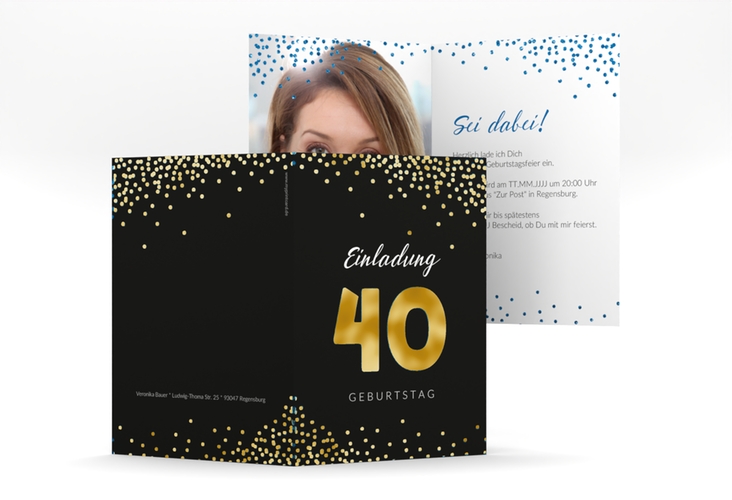 Einladung 40. Geburtstag Glitzer A6 Klappkarte hoch blau gold
