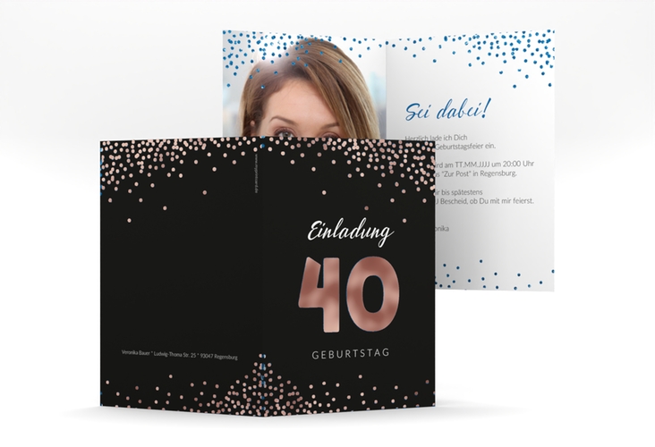 Einladung 40. Geburtstag Glitzer A6 Klappkarte hoch blau rosegold