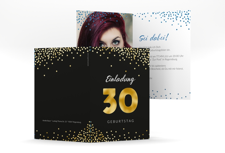 Einladung 30. Geburtstag Glitzer A6 Klappkarte hoch blau gold