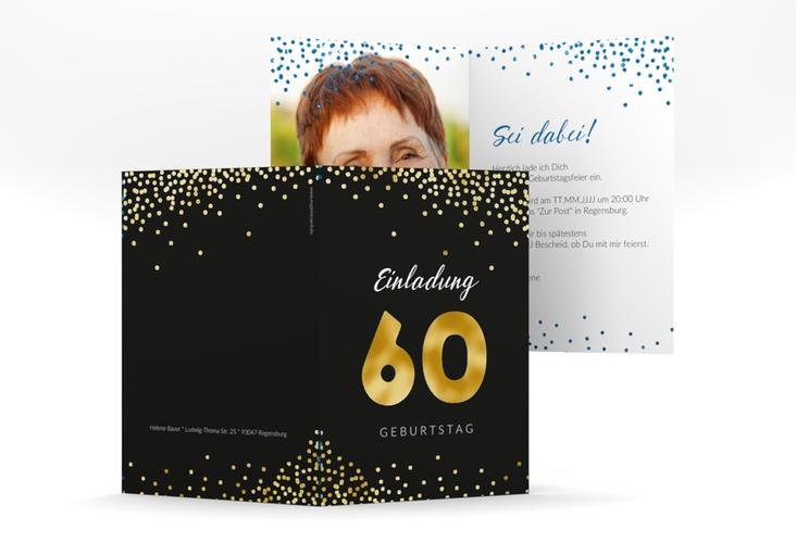 Einladung 60. Geburtstag Glitzer A6 Klappkarte hoch blau gold