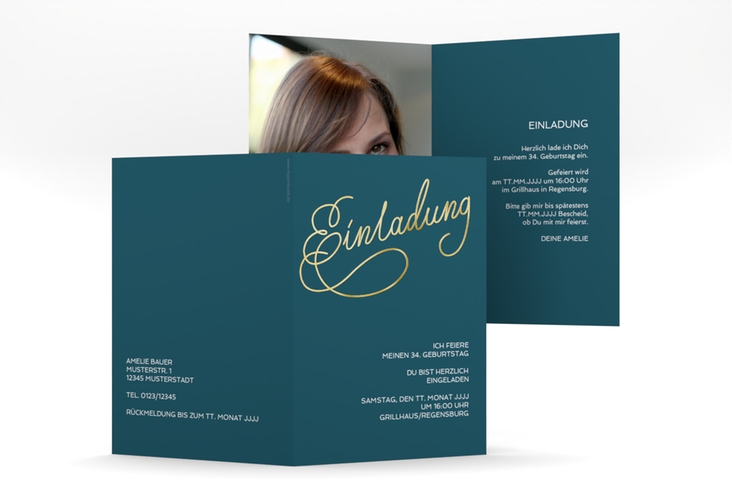 Einladung Geburtstag Schwungvoll A6 Klappkarte hoch blau gold