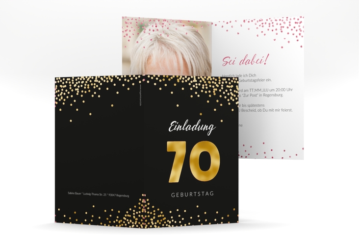 Einladung 70. Geburtstag Glitzer A6 Klappkarte hoch pink gold