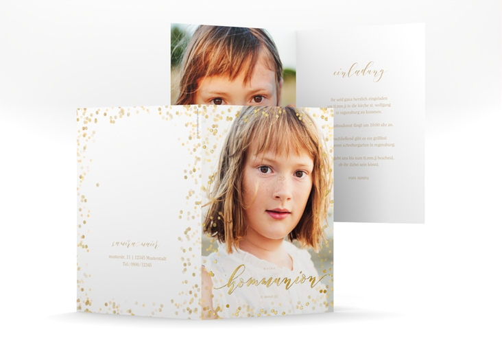 Einladung Kommunion Lightening A6 Klappkarte hoch gold gold mit Foto und goldenem Konfetti