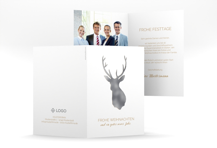 Business-Weihnachtskarte Deer A6 Klappkarte hoch gold silber und weiß mit Reh-Kopf