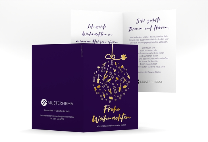 Business-Weihnachtskarte Werkzeugkugel A6 Klappkarte hoch blau gold