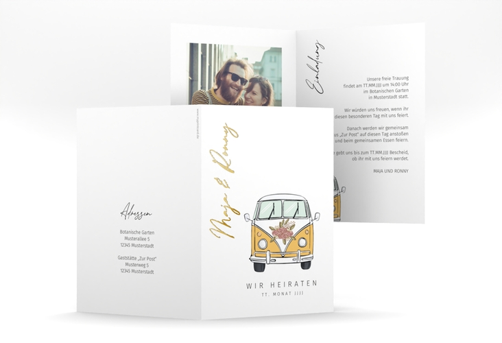 Einladungskarte Hochzeit Hochzeitsbulli A6 Klappkarte hoch gelb gold mit Gräsern und Trockenblumen für Boho-Hochzeit