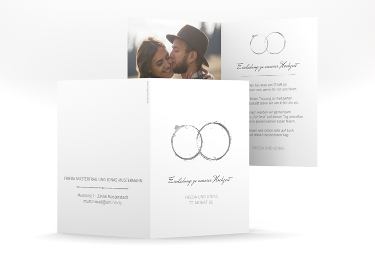 Einladungskarte Hochzeit Trauringe A6 Klappkarte hoch grau silber minimalistisch gestaltet mit zwei Eheringen
