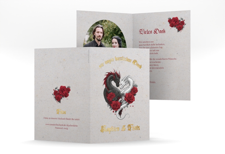 Danksagungskarte Drachenliebe A6 Klappkarte hoch grau gold mit schwarzem und weißem Drachen zu einem Herz verschlungen