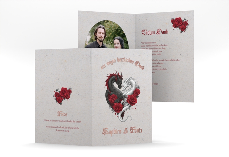 Danksagungskarte Drachenliebe A6 Klappkarte hoch grau rosegold mit schwarzem und weißem Drachen zu einem Herz verschlungen