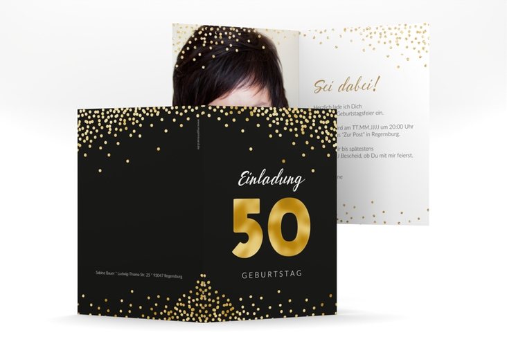 Einladung 50. Geburtstag Glitzer A6 Klappkarte hoch gold gold