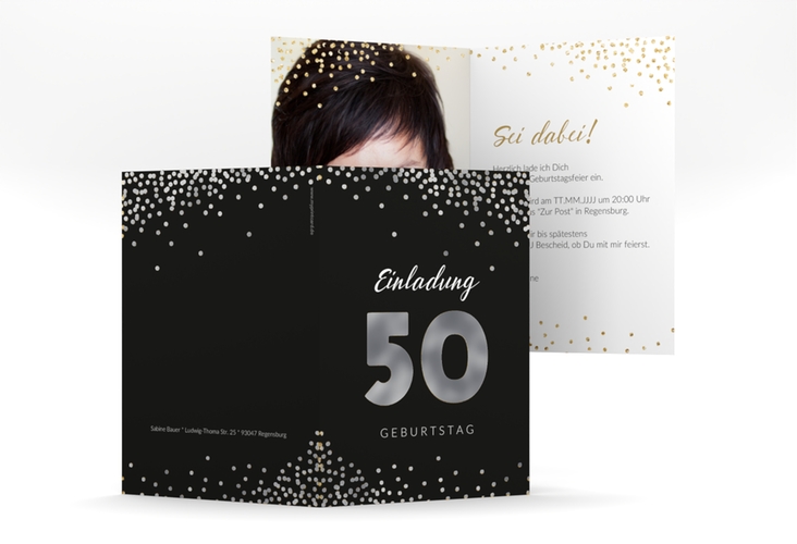 Einladung 50. Geburtstag Glitzer A6 Klappkarte hoch gold silber