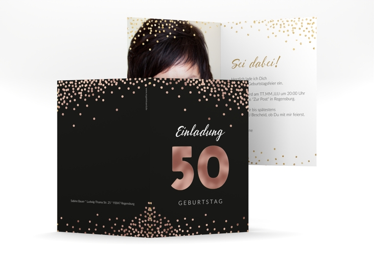 Einladung 50. Geburtstag Glitzer A6 Klappkarte hoch gold rosegold