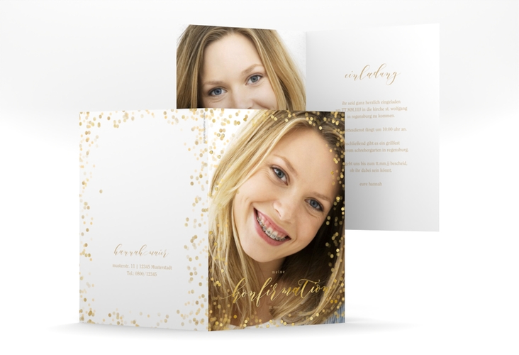 Einladung Konfirmation Lighten A6 Klappkarte hoch gold gold mit Foto und goldenem Konfetti