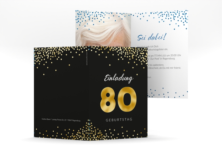 Einladung 80. Geburtstag Glitzer A6 Klappkarte hoch blau gold