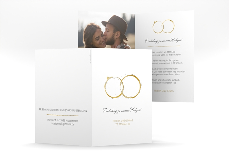 Einladungskarte Hochzeit Trauringe A6 Klappkarte hoch gold gold minimalistisch gestaltet mit zwei Eheringen