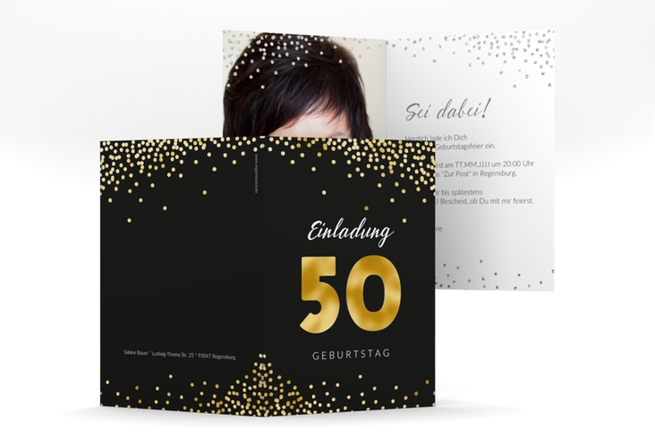 Einladung 50. Geburtstag Glitzer A6 Klappkarte hoch grau gold