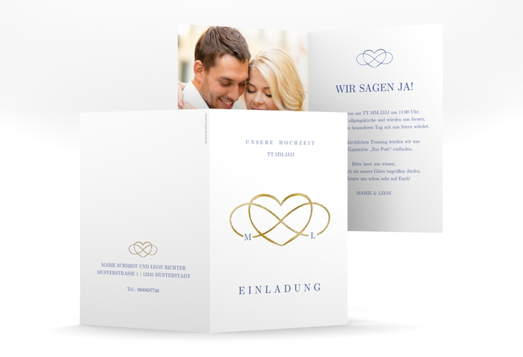 Einladungskarte Hochzeit Infinity A6 Klappkarte hoch blau gold
