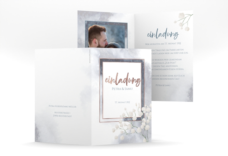 Einladungskarte Hochzeit Winter A6 Klappkarte hoch blau rosegold mit Schleierkraut