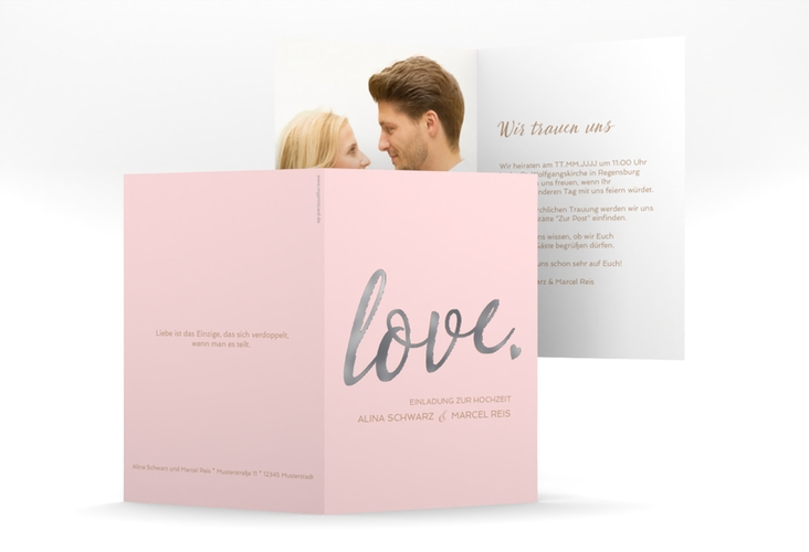 Einladungskarte Hochzeit Glam A6 Klappkarte hoch rosa silber